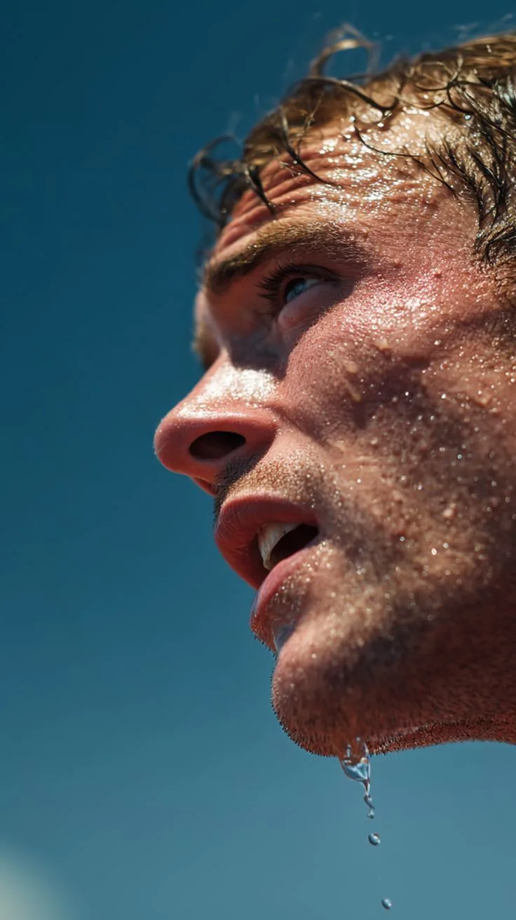 Close-up of a man's face with water droplets on the skin